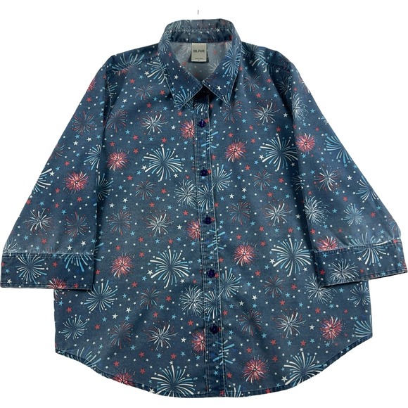 Blair Tops - Blair Button Up Shirt Women Large Blue Fireworks Patriotic 3/4 Sleeve Top